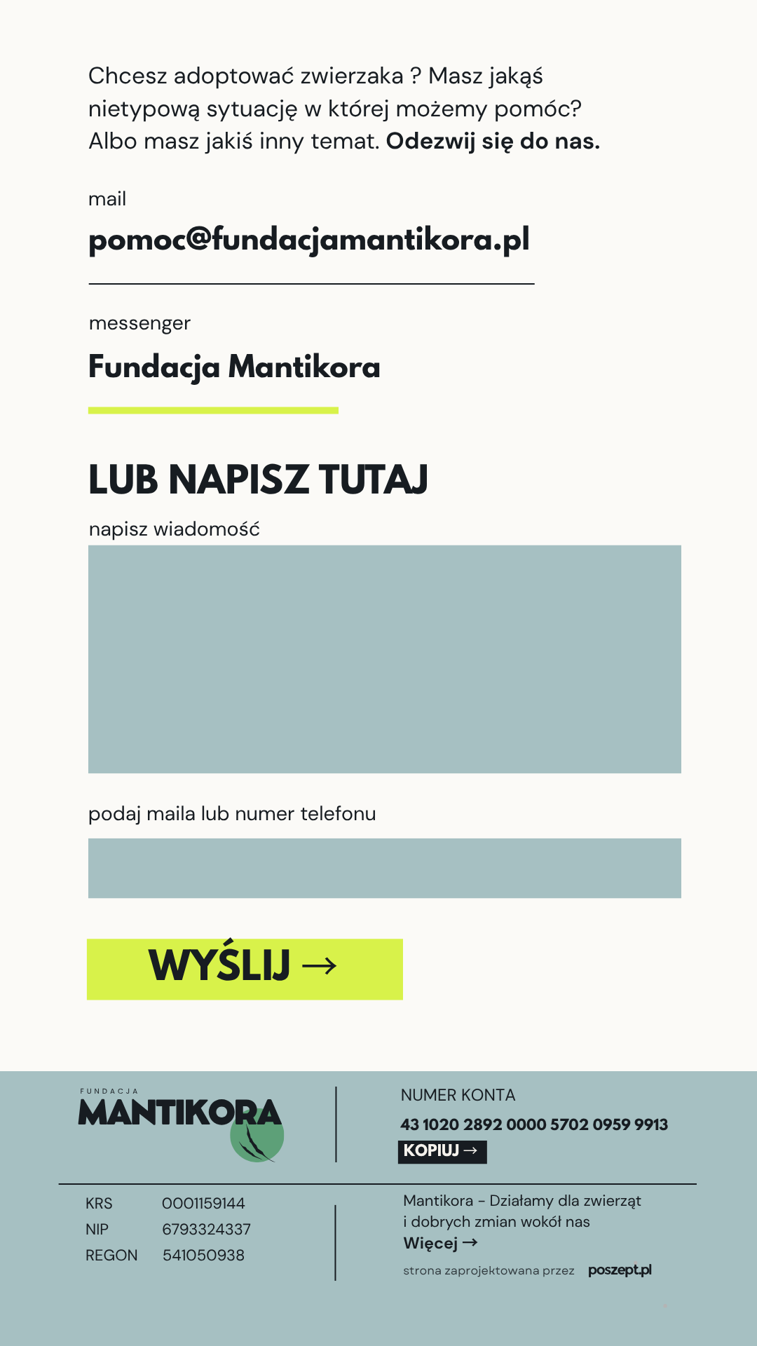 Formularz, dane i numer konta Fundacji Mantikora.