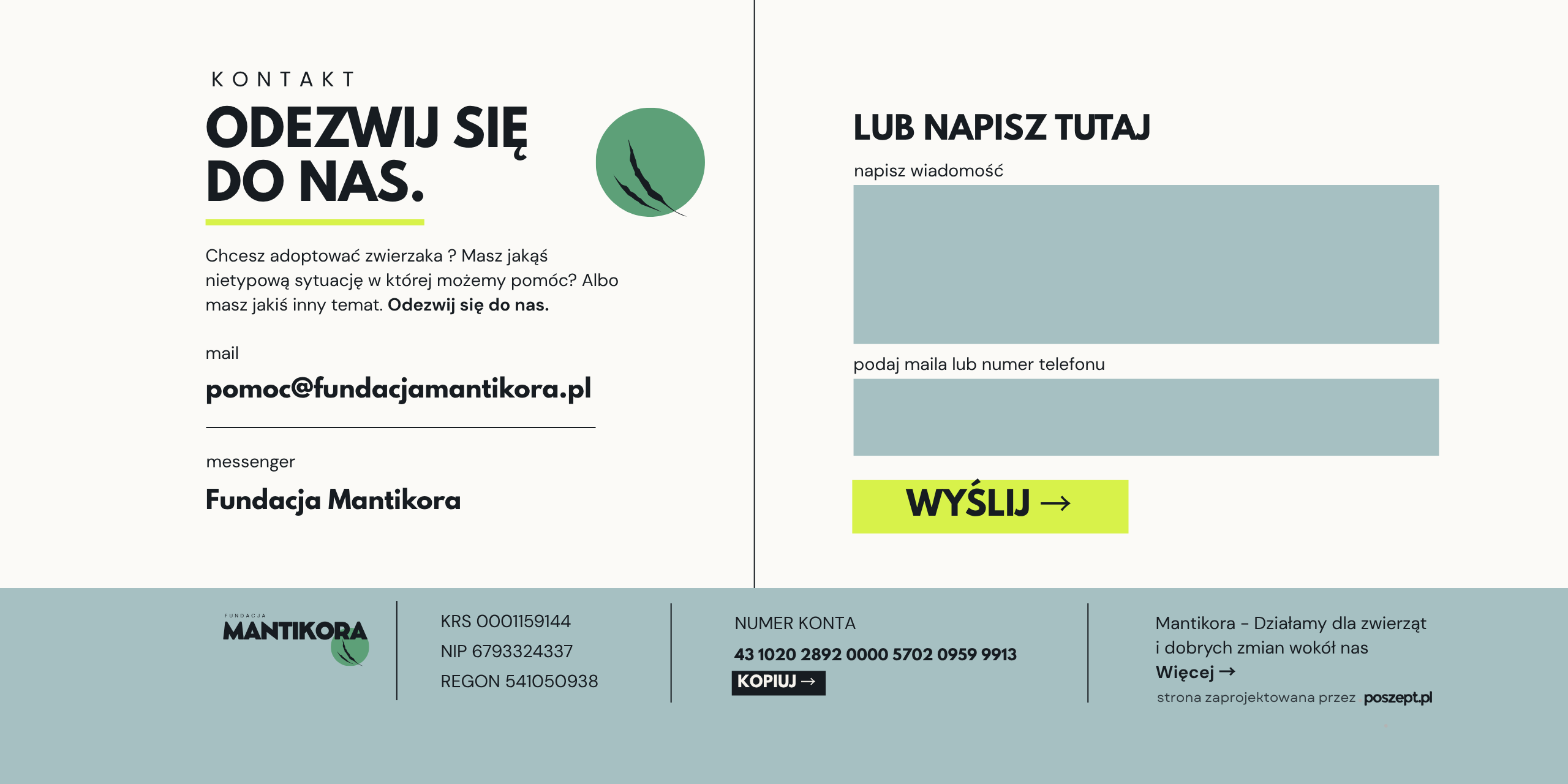 Kontakt i formularz Fundacji Mantikora.
